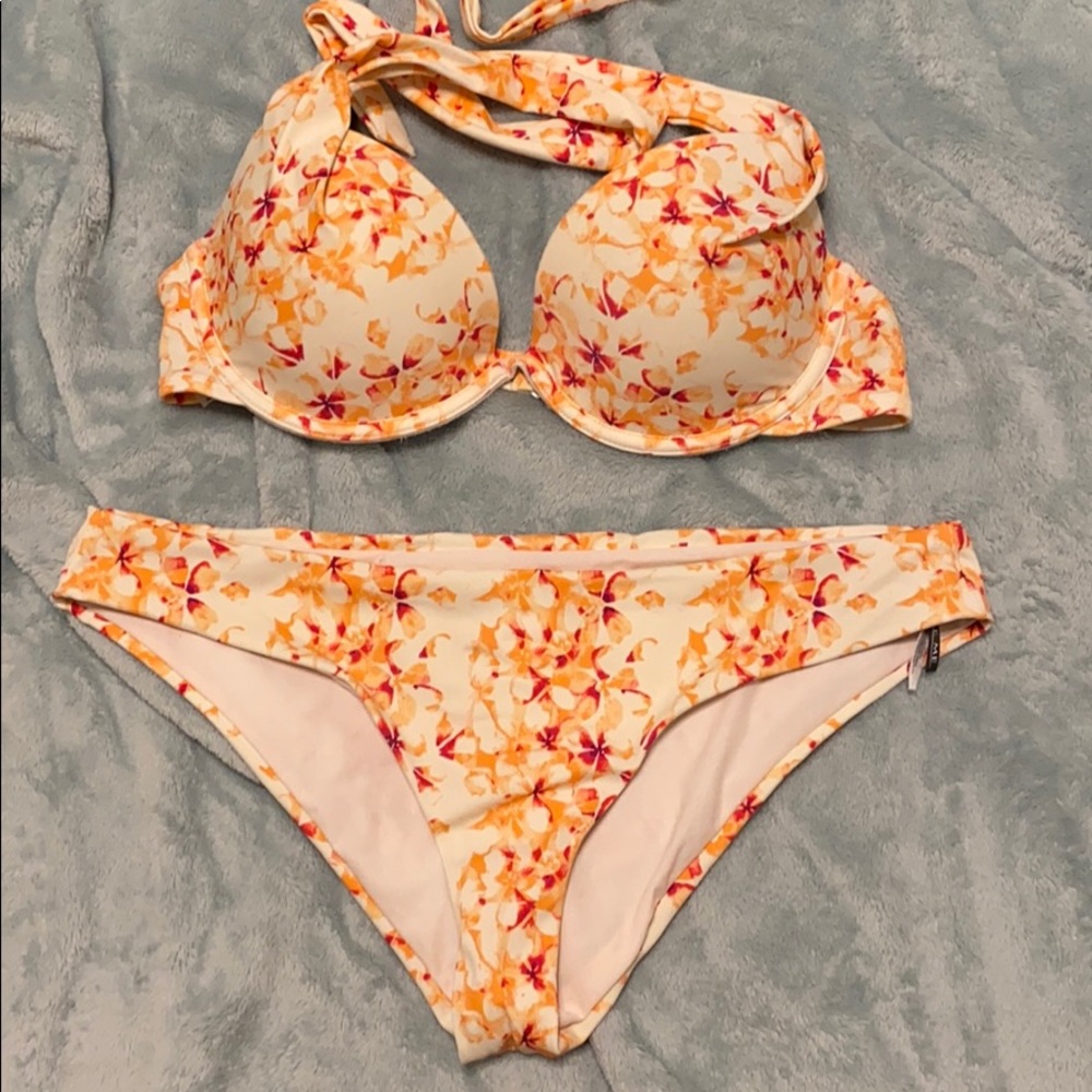 cream, orange, and pink bikini